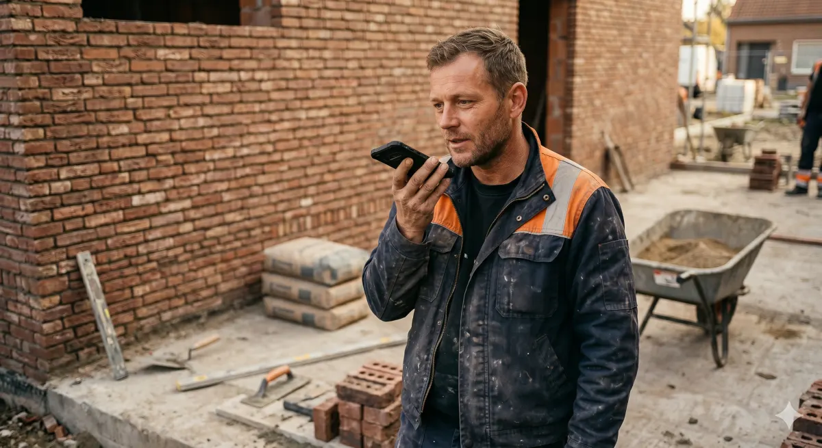 Vakman spreekt een berichtje in op de werf